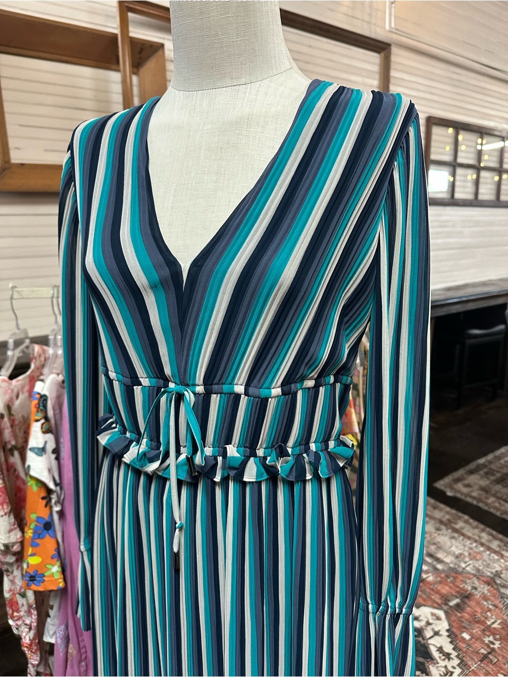 Ramy Brook Teal, Navy & White Striped V-Neck Long Sleeve Midi Dress 6